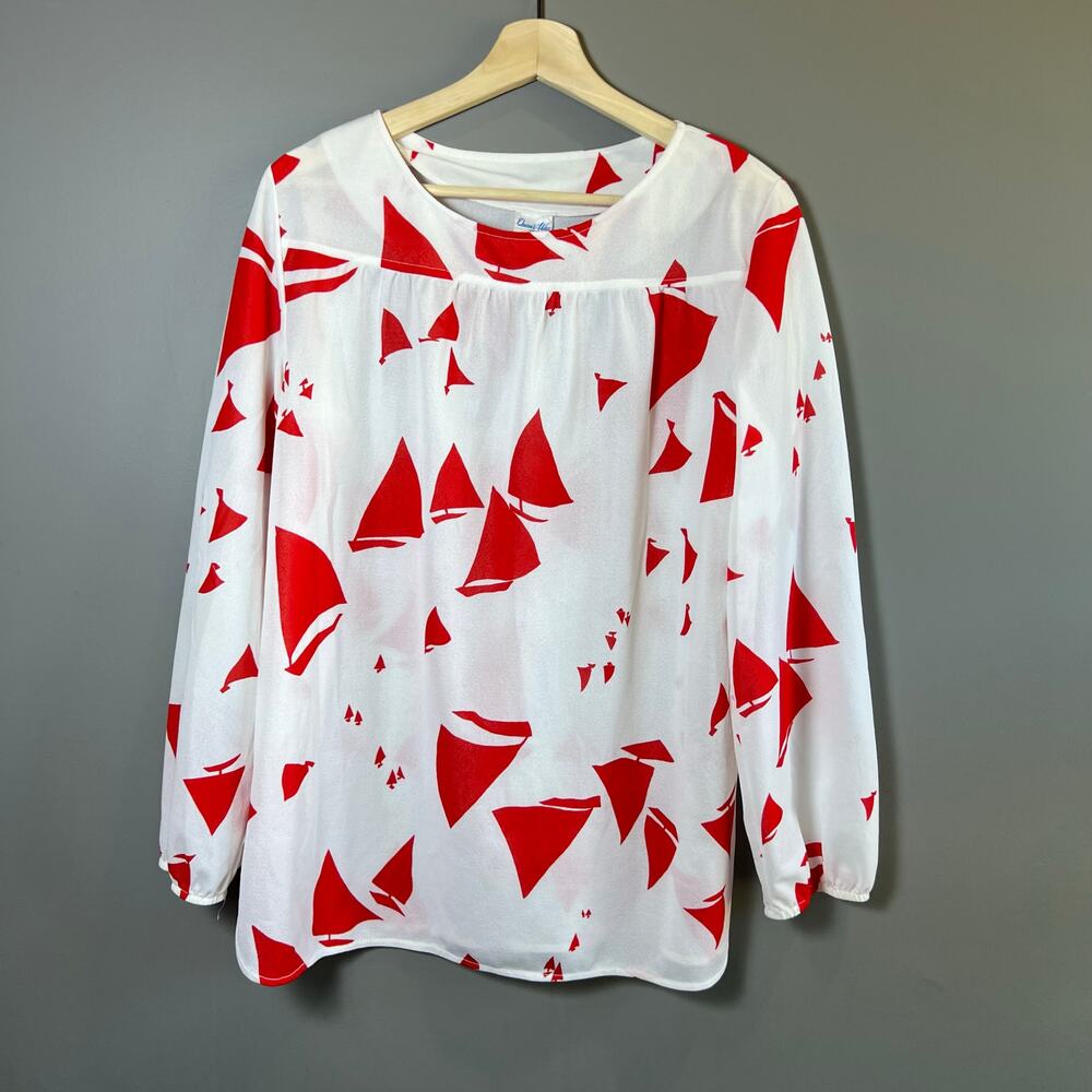 Vintage  70’s Queen's Way to Fashion Red and White Sail Boat Blouse Top Size 14